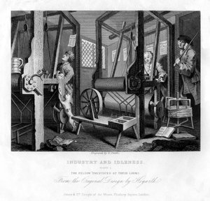 De mede-leerlingen aan hun weefgetouwen, plaat I van Industrie en IJver, 1833