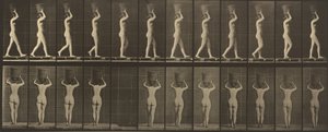 Plaat nummer 34. Lopen en een mand van 15 pond op het hoofd dragen, handen omhoog, 1887 door Eadweard Muybridge
