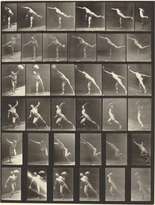 Bladnummer 523. A: Een slag toebrengen. B, E: Schijf werpen. C, F: Een 75-pond steen heffen..., 1887 door Eadweard Muybridge