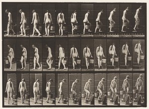 Omdraaien en trap oplopen, emmer water in rechterhand door Eadweard Muybridge
