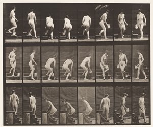 Trap aflopen; bukken, kruik optillen, omdraaien door Eadweard Muybridge