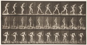 Plaat 177. Beek oversteken op stapstenen met visstok en mand door Eadweard Muybridge