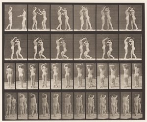 Plaat 445. Twee Modellen-8 Drinken uit Waterkruik op Schouder van 1 door Eadweard Muybridge