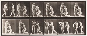 Twee Modellen, 8 Knielt, Drinkt uit Waterkruik in Handen, 1872-1885 door Eadweard Muybridge