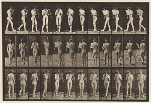 Plaat 46. Lopen, met een waaier flirten en omdraaien door Eadweard Muybridge