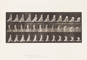 Plaat 56. Lopen, draaien en bukken om trein op te tillen door Eadweard Muybridge