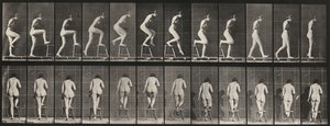 Plaat Nummer 180. Op en over een stoel stappen door Eadweard Muybridge