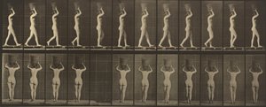 Plaat nummer 34. Lopend en een 15-lb. mand op het hoofd dragend, handen opgeheven,1887 (foto) door Eadweard Muybridge