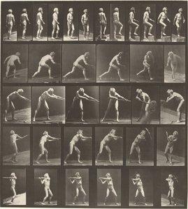 Plaat nummer 521. A: Lopen. B: Stap omhoog. C. Schijf werpen. D: Schep gebruiken. E, F. Houweel gebruiken door Eadweard Muybridge