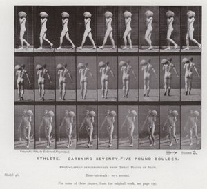 Het menselijk lichaam in beweging: Atleet, draagt een vijfenzeventig pond zware kei (zwart-wit foto) door Eadweard Muybridge