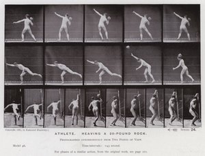 Het menselijk lichaam in beweging: Atleet, werpt een twintig-pond steen (zwart-wit foto) door Eadweard Muybridge