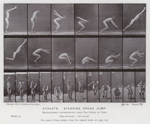 Het menselijk lichaam in beweging: Atleet, staande breedtesprong (zwart-wit foto) door Eadweard Muybridge