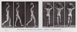 De menselijke figuur in beweging: Enkele fasen in de wandeling van een atleet met een steen van 75 pond door Eadweard Muybridge