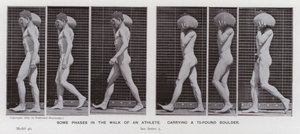 De menselijke figuur in beweging: Enkele fasen in de wandeling van een atleet, een 75-ponds kei dragend door Eadweard Muybridge