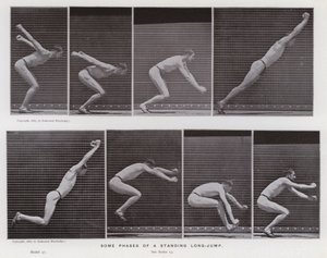 Het menselijk lichaam in beweging: Enkele fasen van een staande lange sprong (zwart-wit foto) door Eadweard Muybridge