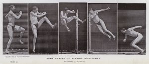 Het menselijk lichaam in beweging: Enkele fasen van hoge sprongen (zwart-wit foto) door Eadweard Muybridge