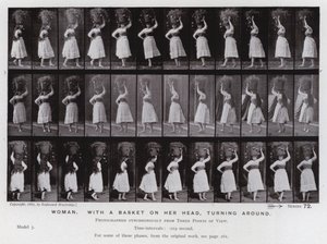 Het menselijk lichaam in beweging: Vrouw, met een mand op haar hoofd, draait rond (zwart-wit foto) door Eadweard Muybridge