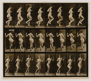 Vrouw die op één voet voortbeweegt, uit het boek Animal Locomotion door Eadweard Muybridge