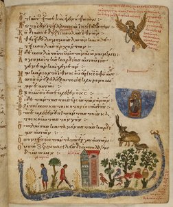 Add. 19352, f.36r Adelaar gestuurd door Baruch; tuinscène, uit Theodore Psalter door Eastern Mediterranean School