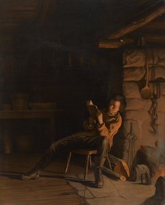 De Jeugd van Lincoln. (Een avond in de blokhut) door Eastman Johnson