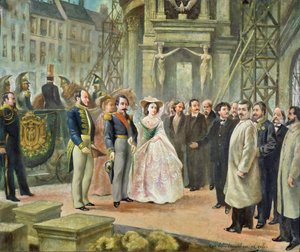 Baron Georges-Eugene Haussmann, Napoleon III en keizerin Eugenie bezoeken de arbeiders bij de opera door Ed. Gilis