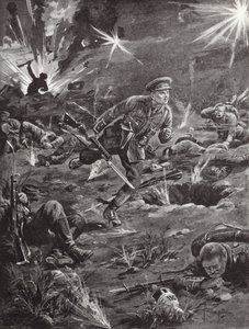 Luitenant Benjamin Geary haast zich, onder zwaar artillerievuur, naar een loopgraaf aan de rechterkant van Hill 60 om contact te maken met een officier, Ieper, België, april 1915