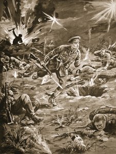 Luitenant Geary haast zich, onder zwaar granaatvuur, naar een loopgraaf rechts van Hill 60 om contact te maken met een officier