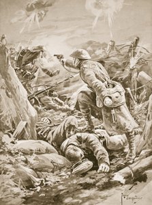Soldaat (waarnemend korporaal) L. Clarke, alleenstaand, houdt een groep Duitsers tegen tijdens een tegenaanval