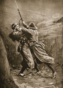 Soldaat Lavin die worstelt met een Turkse bommenwerper in een Britse loopgraaf bij Suvla Bay, Gallipoli