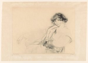 Jonge vrouw met een strik in het haar zittend op een stoel door Edgar Chahine (signed by artist)