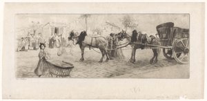 Gezicht op een boulevard met voor een kar gespannen paarden en een vrouw met een kinderwagen door Edgar Chahine