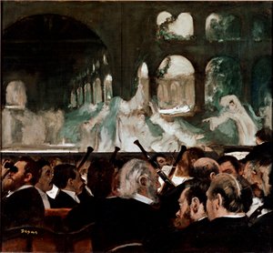 Bij het ballet Robert le Diable van Meyerbeer Ballet gecomponeerd door Jakob (Giacomo) Liebmann Meyerbeer en Eugene Scribe. Voorste rij toeschouwers door Edgar Degas