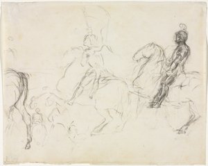 Slagveld met gepantserde figuren te paard (recto) Twee zittende vrouwen (verso) door Edgar Degas