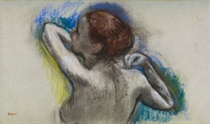 Danseres die haar schouderband aanpast, ca. 1895-1900 door Edgar Degas