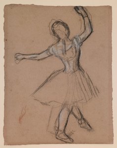 Danseres op het toneel en in beweging, ca. 1880-85 (wit, zwart en rood gefabriceerd krijt) door Edgar Degas