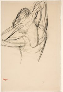Danseres die haar haar doet; halve figuur in profiel naar links, half van achteren door Edgar Degas