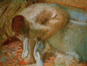 Vrouw die haar voeten droogt na het bad door Edgar Degas
