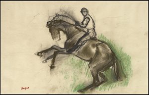 Jockey op een steigerend paard, 1890s