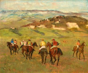 Jockeys te paard voor verre heuvels, 1884 door Edgar Degas