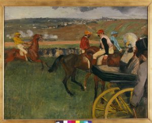 De renbaan. Amateurjockeys bij een wagen door Edgar Degas