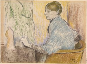 Madame Henri Rouart in een fauteuil voor een tafeltje met een Tanagra-beeldje door Edgar Degas