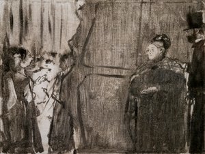 Ontmoet Ludivic Halevy en Madame Cardinal achter de schermen. Rond 1876-1877. Monotype met zwarte inkt.