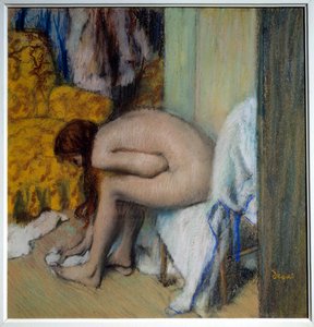 Naakte vrouw die haar voeten afdroogt Een vrouw doet haar toilet. Schilderij (monotype in zwarte inkt) door Edgar Degas (1834-1917). 1879-1893. Dim. 0,45x0,23 m. Parijs, Musée d