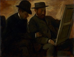 Paul Lafond en Alphonse Cherfils onderzoeken een schilderij, ca. 1878-1880 door Edgar Degas