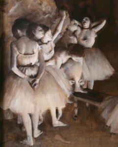 Repetitie van een ballet op het toneel door Edgar Degas