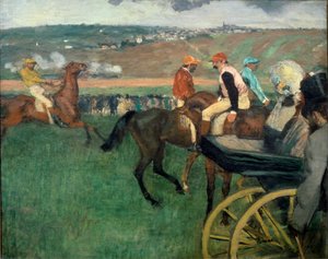 De renbaan, amateur jockeys bij een koets door Edgar Degas