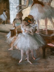 De dansles (detail). Rond 1876. Pastel op papier geplakt op karton. door Edgar Degas
