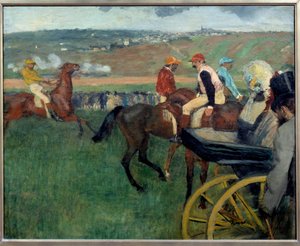 De renbaan, amateur jockeys bij een auto door Edgar Degas