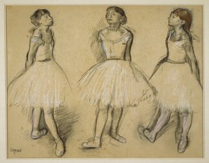 Drie studies van een danser in vierde positie door Edgar Degas