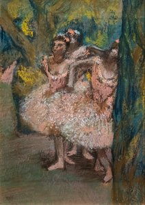 Drie dansers in zalmkleurige rokken. 1904-1906. Pastel op marouflé papier op karton. door Edgar Degas